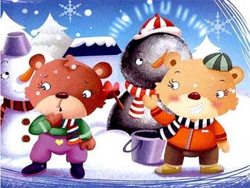 雪下得很大,小熊欢欢和乐乐一起堆雪人